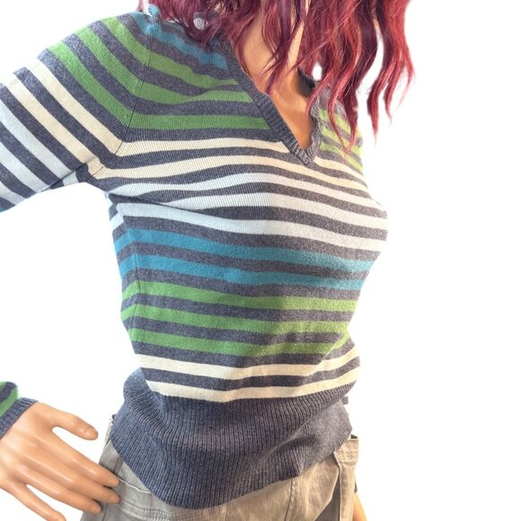 LOFT V-Neck Striped Sweater in Gray/White/Green Size Small - Picture 3 of 5